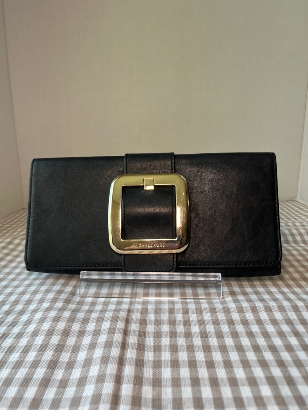 Michael Kors Sutton Black Leather Clutch with Gold Buckle